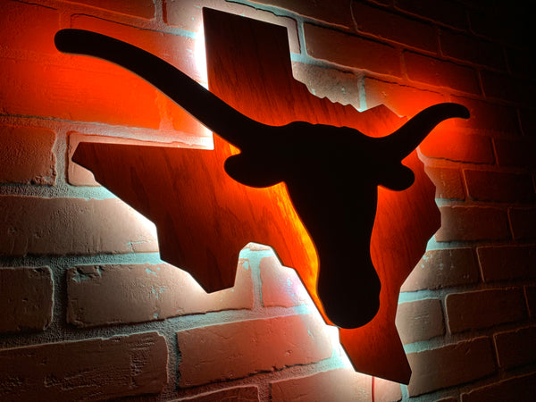 Texas Longhorns Wooden Illuminated Rustic LED Wall Art for Mancave, Game room, Bar or Garage