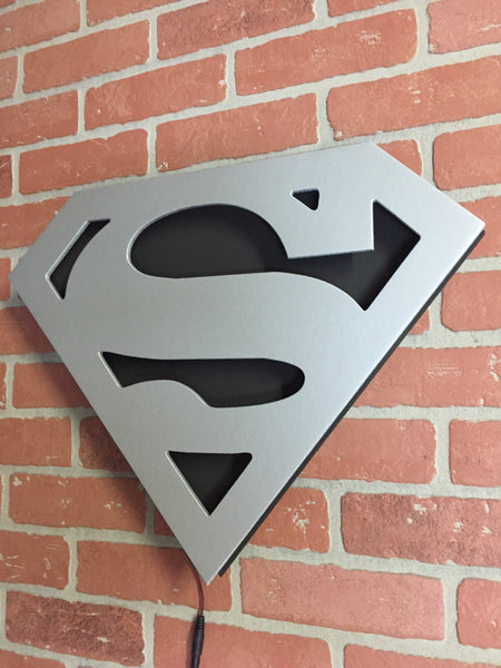 NEW!! Silver and Black Superman Man of Steel Illuminated Comic book Superhero LED Logo for Mancave, Game room or Child's Bedroom