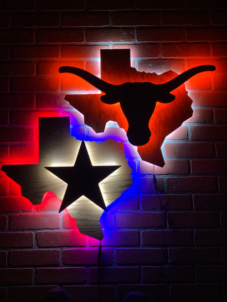 Texas Longhorns Wooden Illuminated Rustic LED Wall Art for Mancave, Game room, Bar or Garage