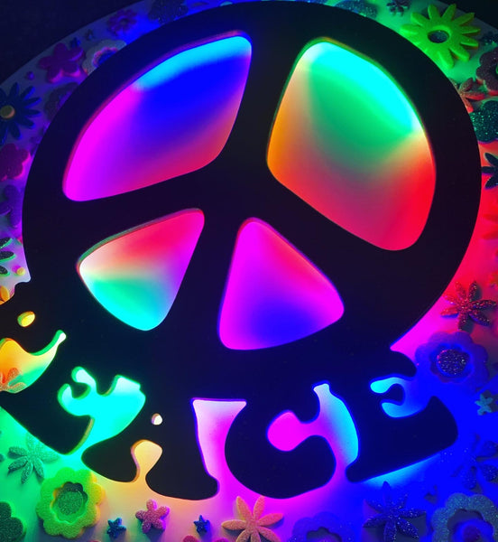 Illuminated PEACE LED Wall Art with 3D Glitter Flower Accents