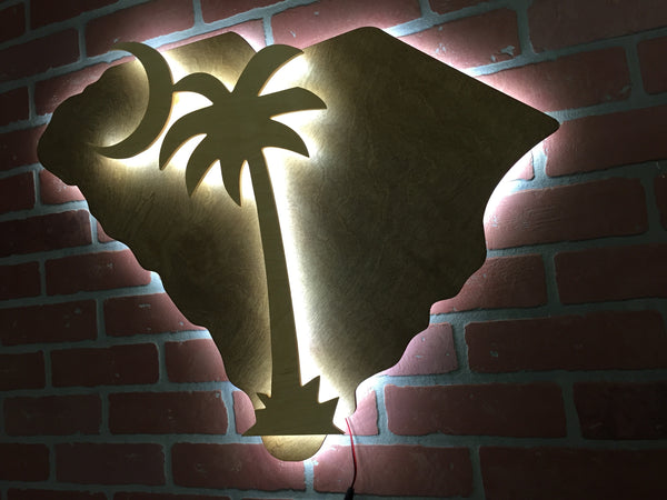 Wooden Handmade Illuminated LED South Carolina State and Palmetto Tree Crescent Moon Wall Art