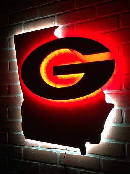 NEW!! Dual Color LED Wooden Georgia Bulldogs Illuminated State Silhouette Sign far Mancave or Game room