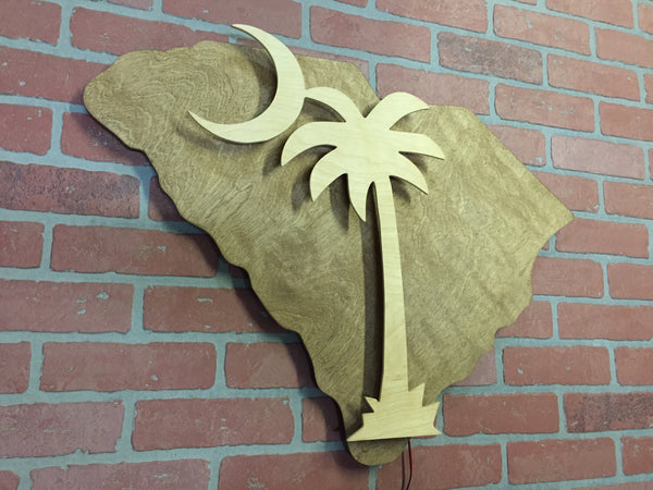 Wooden Handmade Illuminated LED South Carolina State and Palmetto Tree Crescent Moon Wall Art