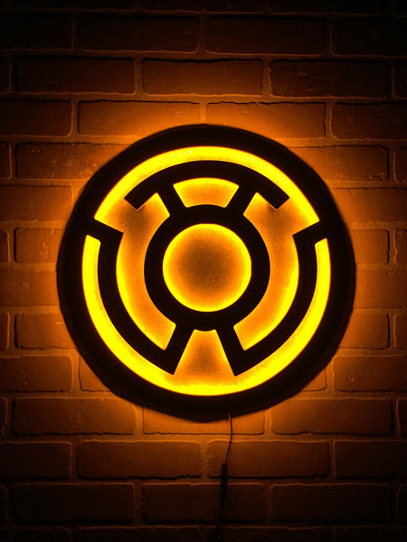 Yellow Lantern Corp Illuminated LED Superhero Supervillain Wall Art for Mancave or Gameroom