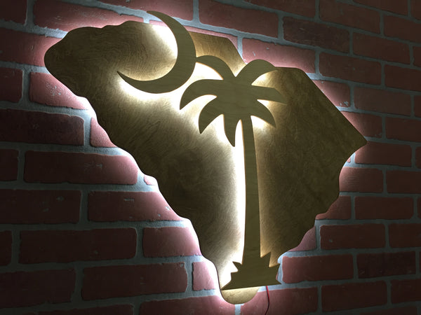 Wooden Handmade Illuminated LED South Carolina State and Palmetto Tree Crescent Moon Wall Art