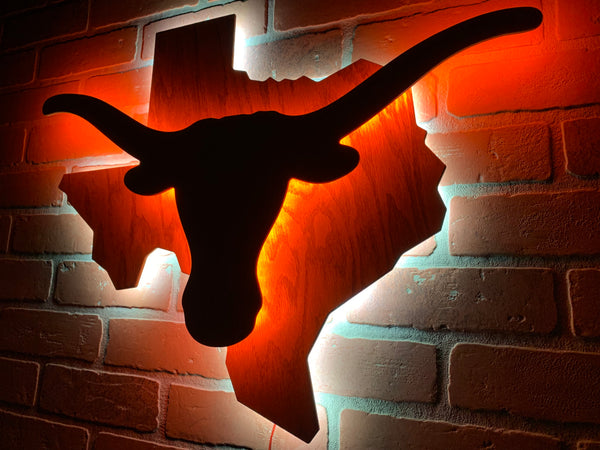 Texas Longhorns Wooden Illuminated Rustic LED Wall Art for Mancave, Game room, Bar or Garage