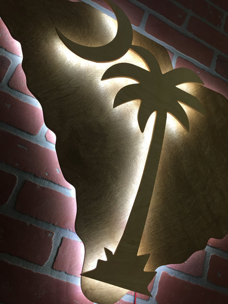 Wooden Handmade Illuminated LED South Carolina State and Palmetto Tree Crescent Moon Wall Art