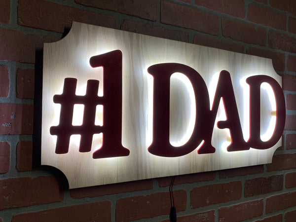 Number One Dad illuminated LED sign for garage mancave workshop or bar decor