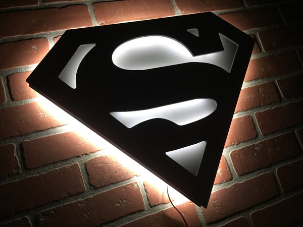 NEW!! Silver and Black Superman Man of Steel Illuminated Comic book Superhero LED Logo for Mancave, Game room or Child's Bedroom