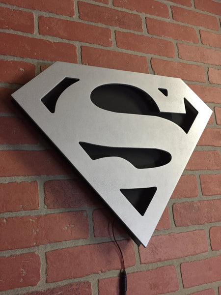 NEW!! Silver and Black Superman Man of Steel Illuminated Comic book Superhero LED Logo for Mancave, Game room or Child's Bedroom