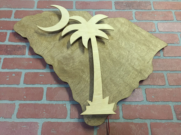 Wooden Handmade Illuminated LED South Carolina State and Palmetto Tree Crescent Moon Wall Art