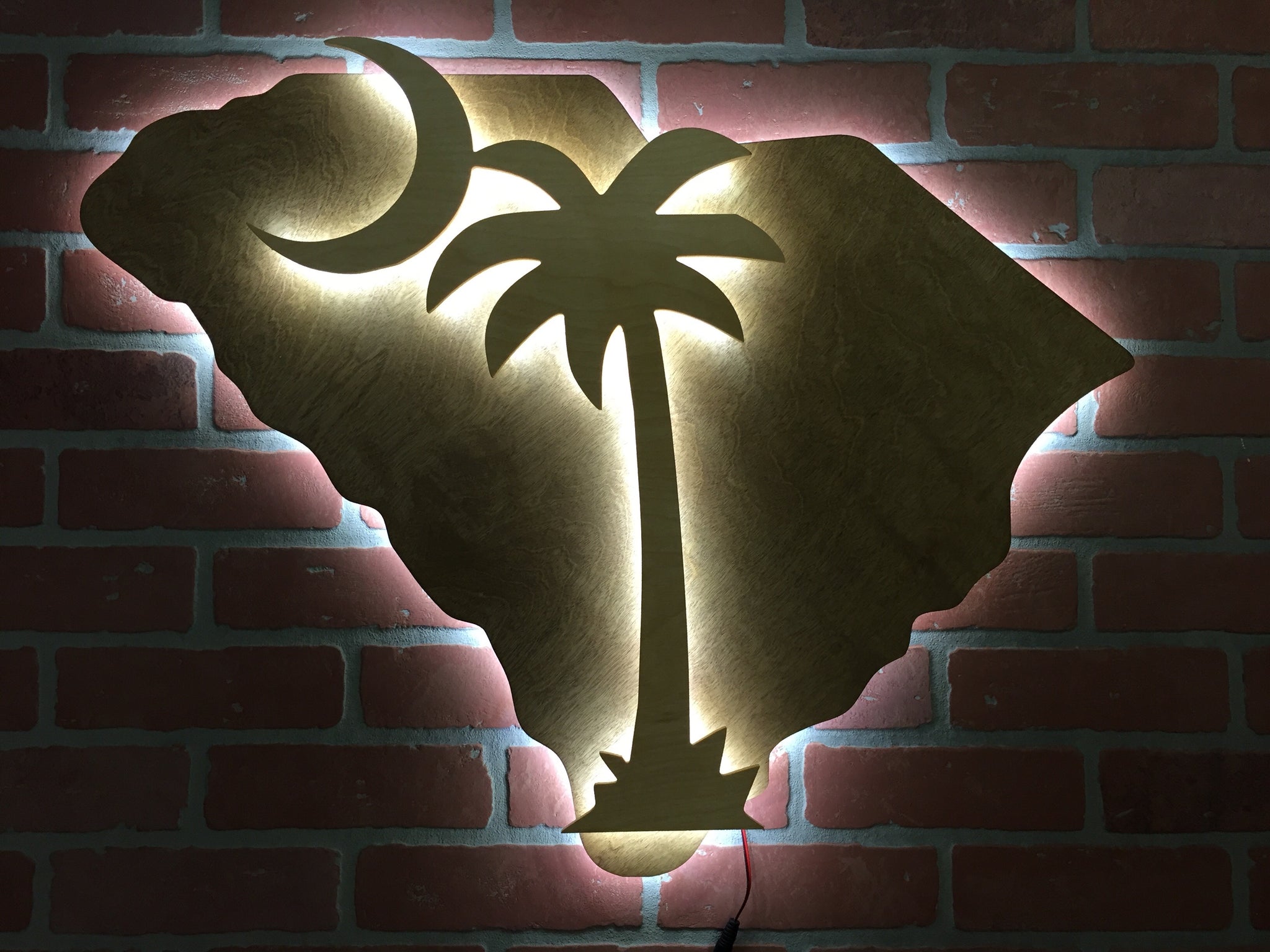 Wooden Handmade Illuminated LED South Carolina State and Palmetto Tree Crescent Moon Wall Art