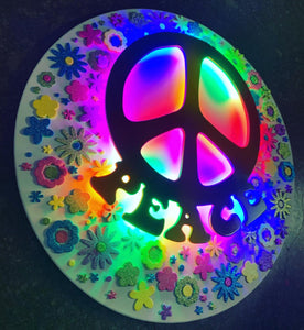 Illuminated PEACE LED Wall Art with 3D Glitter Flower Accents