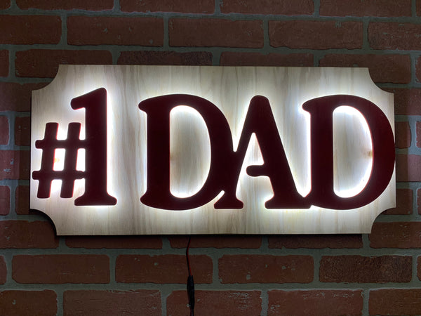 Number One Dad illuminated LED sign for garage mancave workshop or bar decor