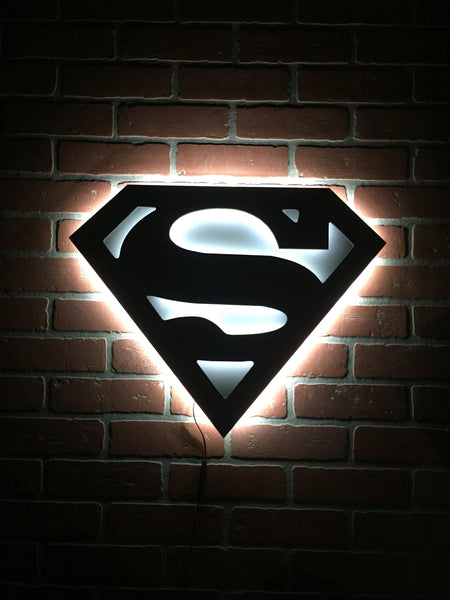 NEW!! Silver and Black Superman Man of Steel Illuminated Comic book Superhero LED Logo for Mancave, Game room or Child's Bedroom