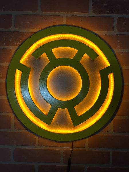 Yellow Lantern Corp Illuminated LED Superhero Supervillain Wall Art for Mancave or Gameroom